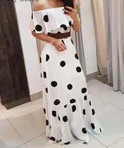 Merkloos MKL - Dames Lange Zomerjurk - Franse Mode, - Lente/ Zomer - Elegant Vrolijke Vrouwen Jurk Met Stippenpatroon - Vintage Lange Maxi Jurk - Zwart En Wit - Maat: S/M -Trendyo Trendy Winkel 1006x1200