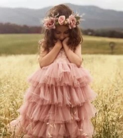 Merkloos Feestjurk Els, Meisje, Dusty Pink, Ibiza Jurk, Tule Jurk, Kant Met Tule, Meisjesjurk (maat 122/128)