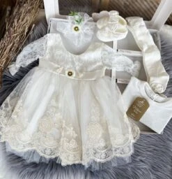 Merkloos Luxe Feestjurk-bruidsjurk-Baby Jurk-doopjurk -dooppakje-ivoorkleur Jurk Met Lange Mouwen-onderhemd-haarband-schoentjes-kousenbroek-borduurwerk-new Born -geschenkdoos-kraamcadeau-fotoshoot Newborn-5 Delige Set-bloemenmotief-maat 56/62 (1 Tem 6maanden)