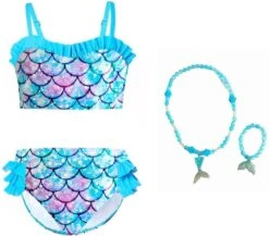 Zeemeermin Bikini Kinderen Blauw 128-134 (140) + Ketting En Armband Zeemeermin Jurk Verkleedkleding