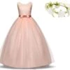 Communie Jurk Bruidsmeisjes Jurk Bruidsjurk Zalm Roze 116-122 (120) Prinsessen Jurk Feestjurk + Bloemenkrans -Trendyo Trendy Winkel 1200x1068