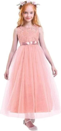 Communie Jurk Bruidsmeisjes Jurk Bruidsjurk Zalm Roze 116-122 (120) Prinsessen Jurk Feestjurk + Bloemenkrans -Trendyo Trendy Winkel 555x1200