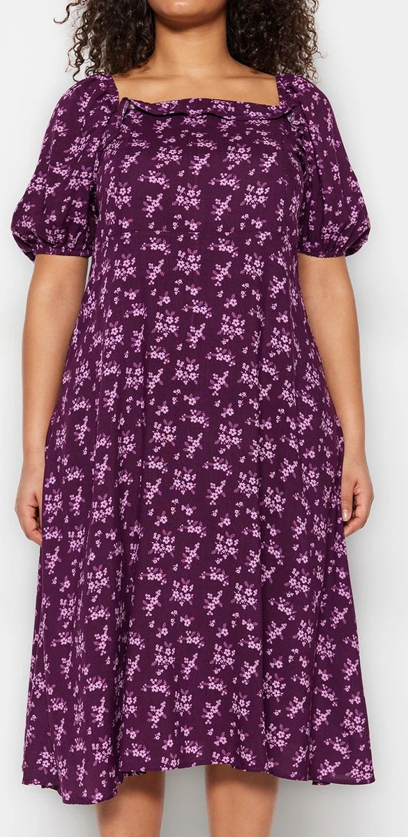 Trendyol Vrouwen Gepofte/ruche Mouw Vierkante Kraag A-lijn Grote Maten Jurk 9 Trendyol Vrouwen Gepofte/ruche Mouw Vierkante Kraag A-lijn Grote Maten Jurk - Afbeelding 7