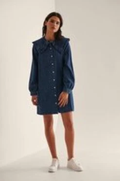 NA-KD Denim Jurk Met Franjekraag - EU 34