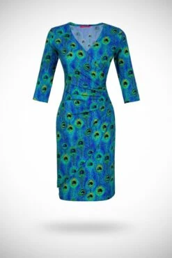 Tricot Wrap Jurk Drie Kwart Mouw Peacock Blue