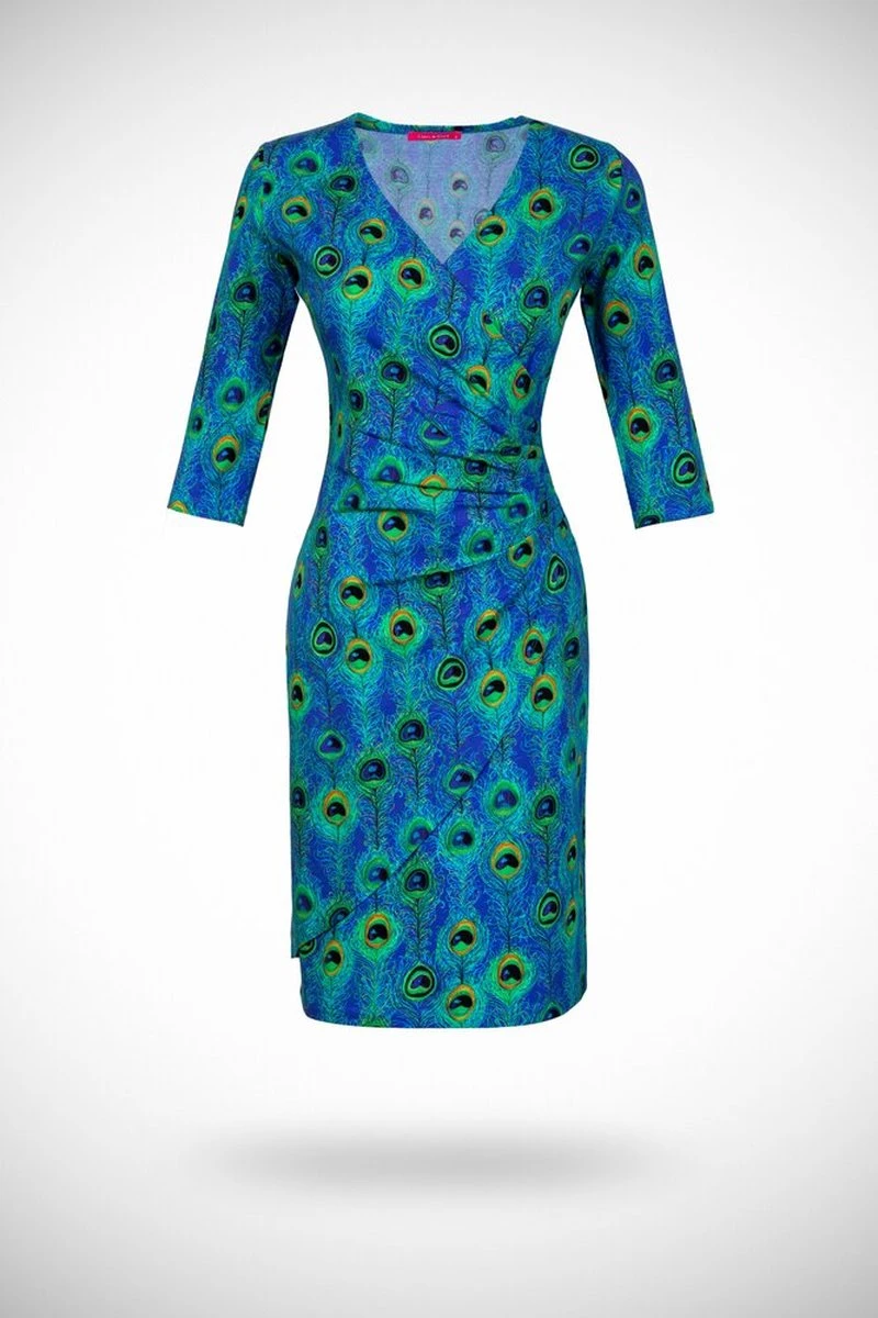 Tricot Wrap Jurk Drie Kwart Mouw Peacock Blue 3 Tricot Wrap Jurk Drie Kwart Mouw Peacock Blue