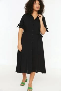 Trendyol Vrouwen Gepofte/ruche Mouw V-hals Basis Grote Maten Jurk -Trendyo Trendy Winkel 800x1200 1651