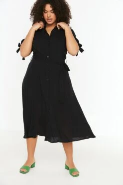 Trendyol Vrouwen Gepofte/ruche Mouw V-hals Basis Grote Maten Jurk -Trendyo Trendy Winkel 800x1200 1654