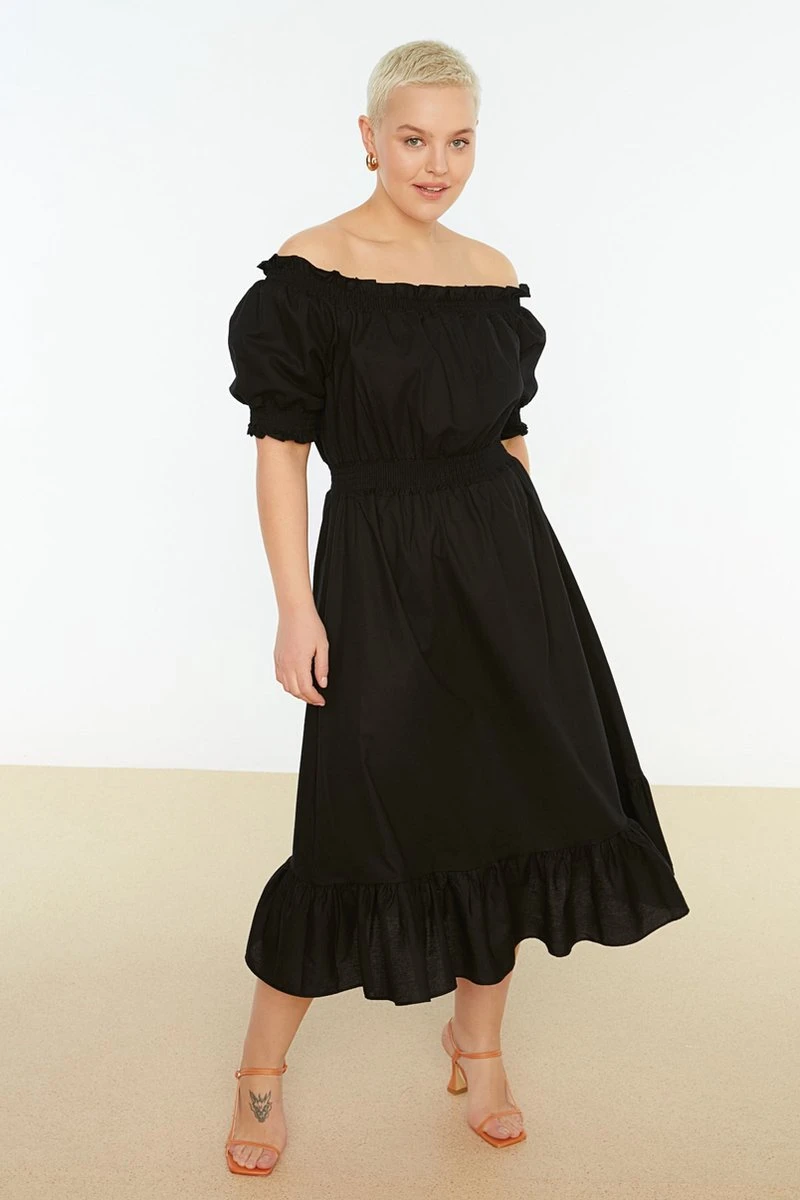 Trendyol Vrouwen Ballon Mouw Carmen Kraag Schaatser Grote Maten Jurk 3 Trendyol Vrouwen Ballon Mouw Carmen Kraag Schaatser Grote Maten Jurk