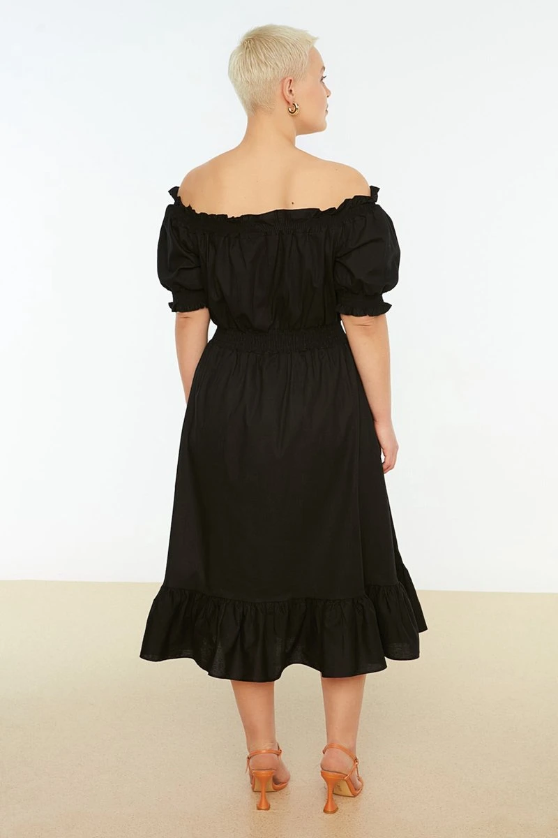 Trendyol Vrouwen Ballon Mouw Carmen Kraag Schaatser Grote Maten Jurk 8 Trendyol Vrouwen Ballon Mouw Carmen Kraag Schaatser Grote Maten Jurk - Afbeelding 6