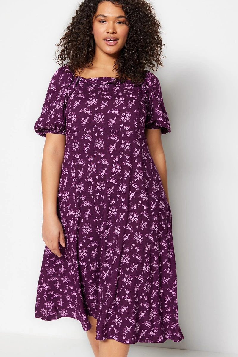 Trendyol Vrouwen Gepofte/ruche Mouw Vierkante Kraag A-lijn Grote Maten Jurk 5 Trendyol Vrouwen Gepofte/ruche Mouw Vierkante Kraag A-lijn Grote Maten Jurk - Afbeelding 3