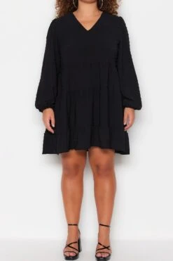 Trendyol Vrouwen Ballon Mouw V-hals Verschuiving Grote Maten Jurk -Trendyo Trendy Winkel 800x1200 1723