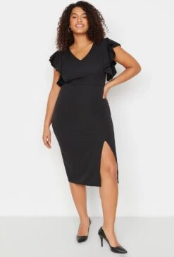 Trendyol Vrouwen Gepofte/ruche Mouw V-hals Bodycon Plus Size Jurk