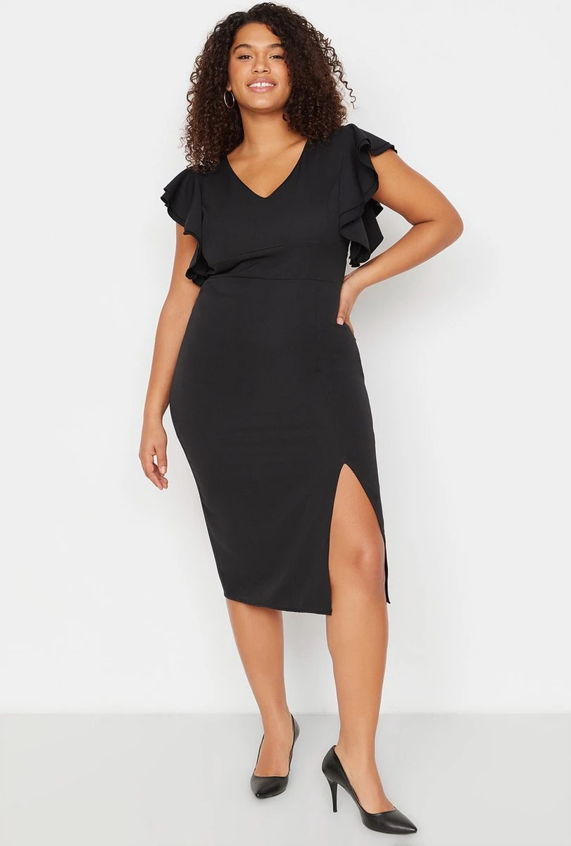 Trendyol Vrouwen Gepofte/ruche Mouw V-hals Bodycon Plus Size Jurk 3 Trendyol Vrouwen Gepofte/ruche Mouw V-hals Bodycon Plus Size Jurk