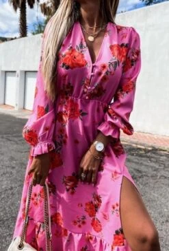 Merkloos Lange Trendy Jurk Met Split - Vrouwen - Bloemen - Fuchsia - One Size(36/40 -Trendyo Trendy Winkel 813x1200 10