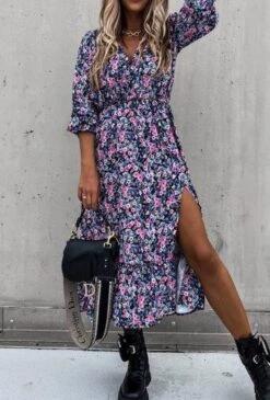 Merkloos Lange Trendy Jurk Met Split - Vrouwen - Bloemen - Lila - One Size(36/40)