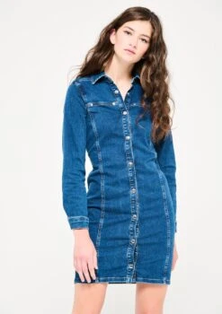 LOLALIZA Denim Overhemd Jurk Met Lange Mouwen - Blauw - Maat 34