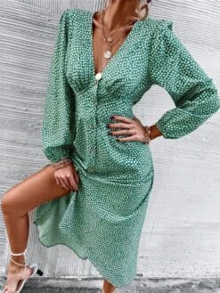 Merkloos MKL - Dames Zomerjurk - Boho Vrolijke Bloemetjes Jurk Knoop - Franse Mode Vrouwen Groene Bloemen Print Jurk V-hals Vintage Lange Mouw Dames Midi Jurk Maat S -Trendyo Trendy Winkel 902x1200 1