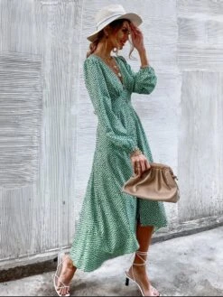 Merkloos MKL - Dames Zomerjurk - Boho Vrolijke Bloemetjes Jurk Knoop - Franse Mode Vrouwen Groene Bloemen Print Jurk V-hals Vintage Lange Mouw Dames Midi Jurk Maat S -Trendyo Trendy Winkel 902x1200 2