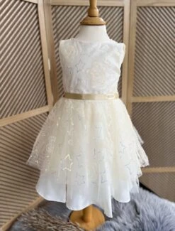 Merkloos Luxe Feestjurk-effen Tule Jurk-communie Jurk-galajurk-bruidsjurk-prinsessen Jurk-danseres Jurk-bruidsmeisjes-bruiloft-verjaardag-fotoshoot-communie-vormsel-lentefeest-ballet-gouden Riem-sterrenmotief-glitters-katoen Polyester-6 Jaar(maat 116)